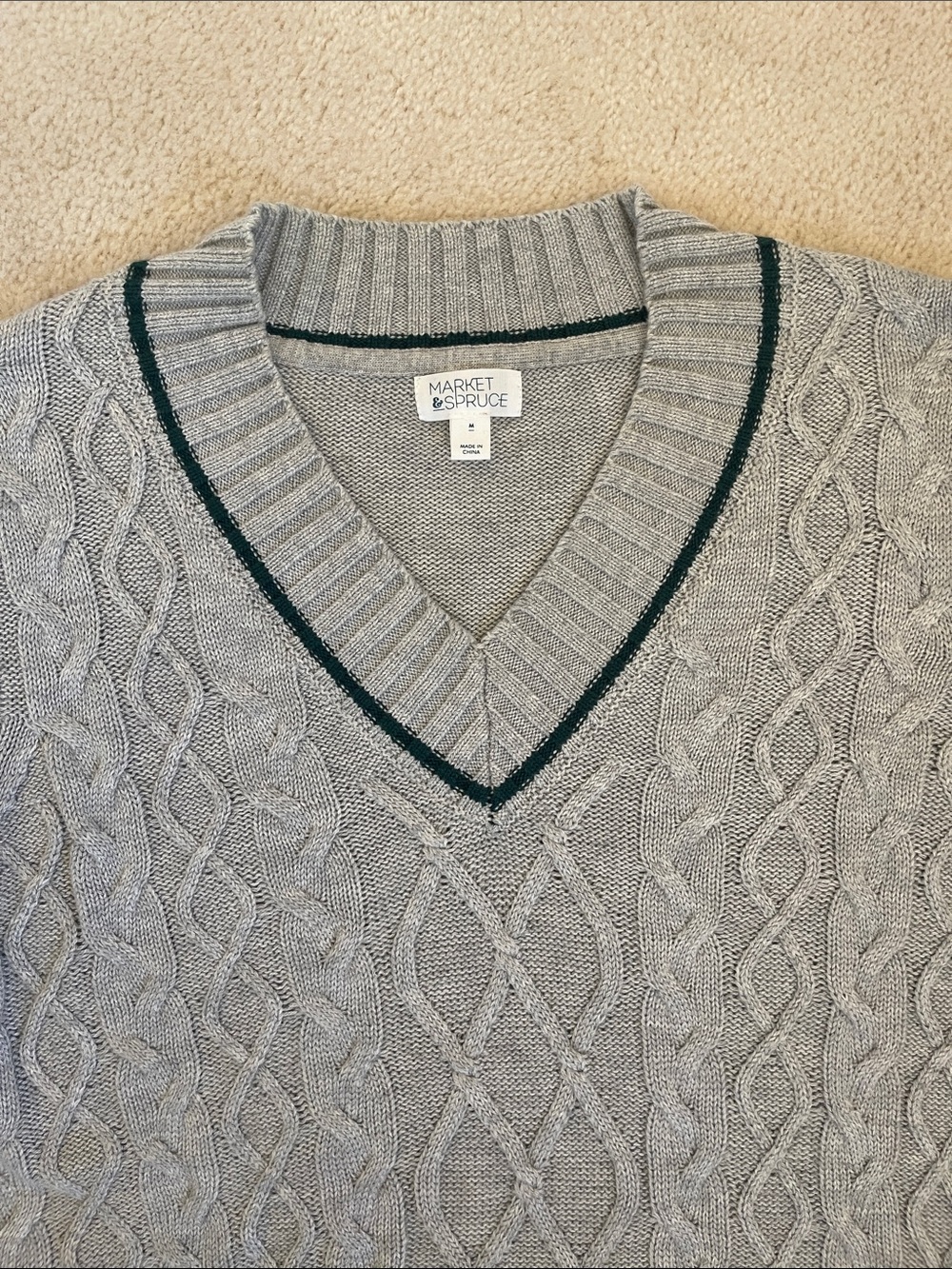 Classic and Preppy Cable Knit V-Neck Sweater with Contrast Trim - Light Gray - Picture 3 of 6